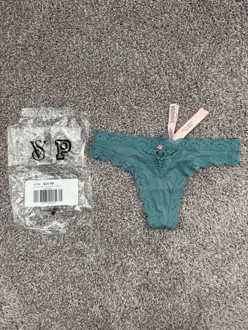 Victoria's Secret Teal Lace Thong with Pink Flower